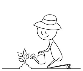 stick figure man gardener, isolated, vector