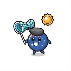 australia flag badge mascot illustration is catching butterfly