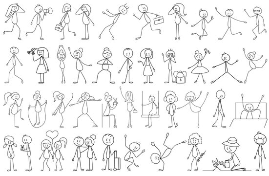 stick figure collection of people, isolated, vector