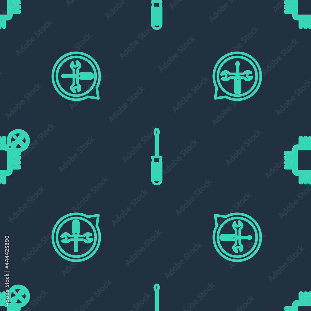 Poster set line screwdriver, location service and processor on seamless pattern. vector