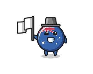 Cartoon character of australia flag badge holding a flag
