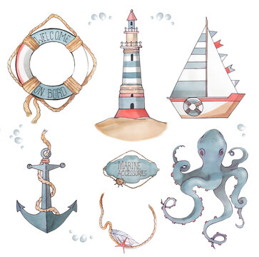 Watercolor marine set. Stickers, bookmarks. Anchor, lighthouse, wind rose, bell, shark, flag, a boat and octopus. Suitable for decorating books, postcards, children's parties, fabrics, wallpapers.