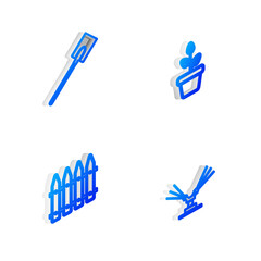 Set Isometric line Flowers in pot, Garden shovel, fence and Automatic irrigation sprinklers icon. Vector