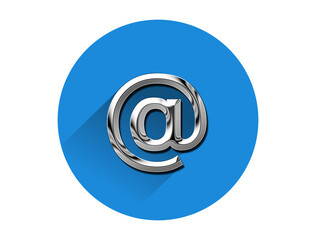 Metallic email symbol, icon with metal look on blue circle . 3d illustration