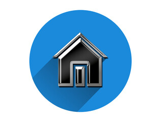 Metallic home symbol, metal look icon on blue circle. home icon . 3d illustration