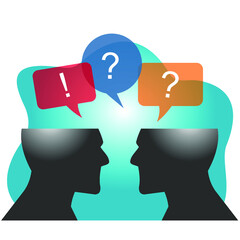 exclamation mark and question mark in a bubble above two transparent heads facing each other