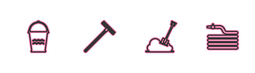 Set line Bucket, Shovel in the ground, Garden rake and hose or fire hose icon. Vector