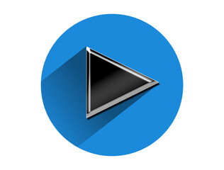 Metallic play symbol, metal look icon on blue circle . 3d illustration