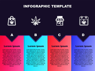 Set line Shopping bag of marijuana, Marijuana or cannabis leaf, and store and Calendar. Business infographic template. Vector