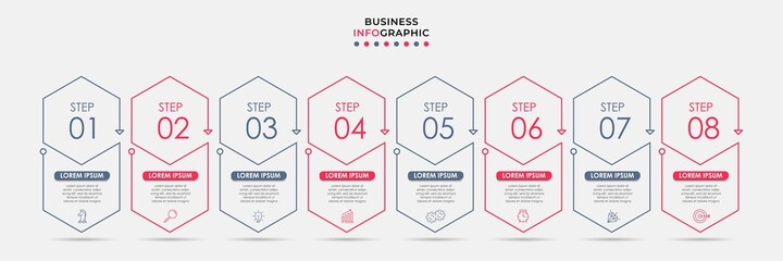 Vector Infographic design business template with icons and 8 options or steps. Can be used for process diagram, presentations, workflow layout, banner, flow chart, info graph