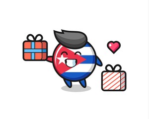 cuba flag badge mascot cartoon giving the gift