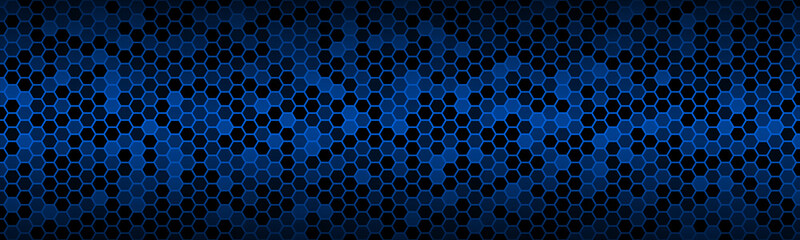 Dark blue widescreen banner with hexagons with different transparencies. Modern geometric design header. Simple vector illustration background
