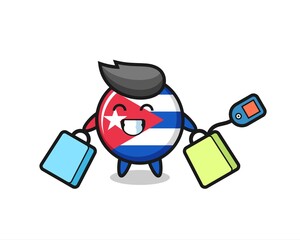 cuba flag badge mascot cartoon holding a shopping bag