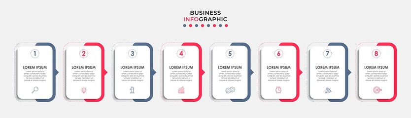 Vector Infographic design business template with icons and 8 options or steps. Can be used for process diagram, presentations, workflow layout, banner, flow chart, info graph