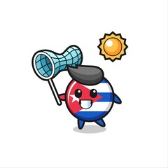 cuba flag badge mascot illustration is catching butterfly