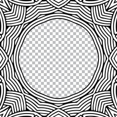 Ethnic abstract pattern in oriental handmade style. Geometric isolated black white frame for text. Template for creativity, coloring.