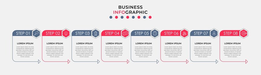 Vector Infographic design business template with icons and 8 options or steps. Can be used for process diagram, presentations, workflow layout, banner, flow chart, info graph