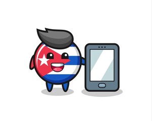 cuba flag badge illustration cartoon holding a smartphone