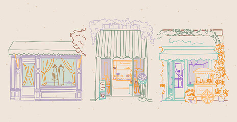 Vector set of hand drawn retro vintage / Boho storefronts for social media and web / logo design.