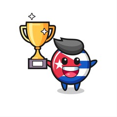 Cartoon Illustration of cuba flag badge is happy holding up the golden trophy