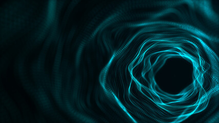 Cyber tunnel consisting of moving glowing points. Futuristic infinite space background. Concept of data transfer in cyberspace. Hi-tech illustration. 3d rendering.