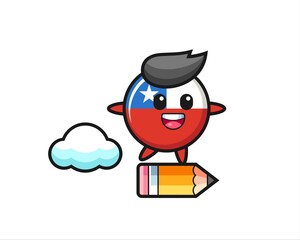 chile flag badge mascot illustration riding on a giant pencil