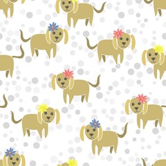 Vector Seamless Repeat Pattern With Cute Dogs With Flowers On White