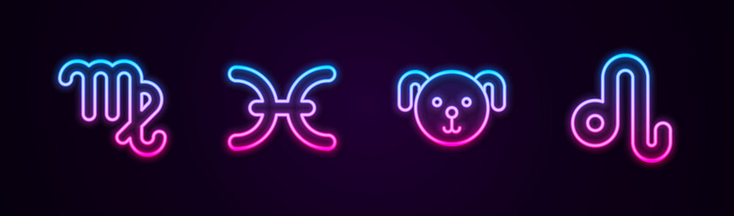 Set line Virgo zodiac, Pisces, Dog and Leo. Glowing neon icon. Vector