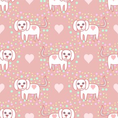 Cute White Dog Cartoon Vector Repeat Pattern With Hearts On Pink