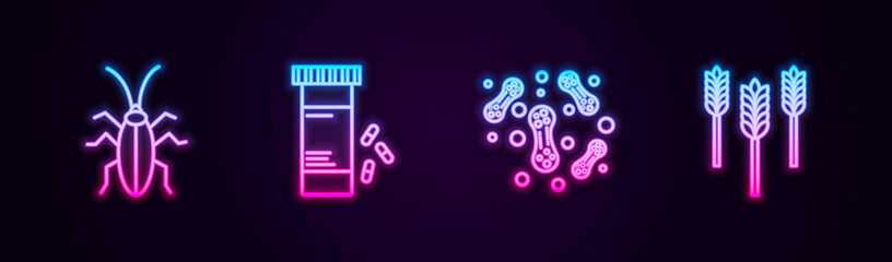 Set line Cockroach, Medicine bottle and pills, Bacteria and Wheat. Glowing neon icon. Vector