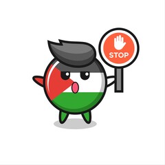 palestine flag badge character illustration holding a stop sign