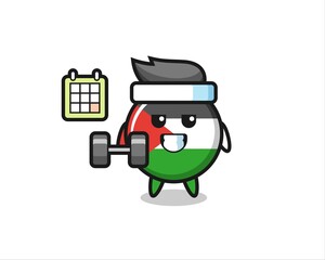 palestine flag badge mascot cartoon doing fitness with dumbbell