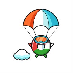 palestine flag badge mascot cartoon is skydiving with happy gesture