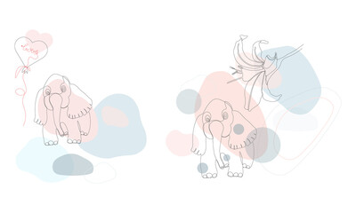 Modern drawing with one long line art of a set of two vector illustrations of cute elephants pink on a background of colored abstract spots.
