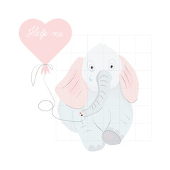 A sad baby elephant is crying sitting in a cage. the trunk holds a red heart balloon with the inscription help me. World Elephant Day vector illustration. We will free and save the life of animals