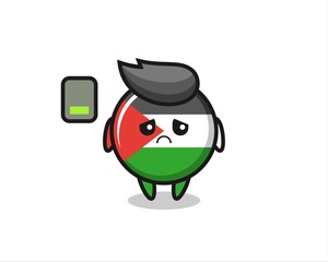 palestine flag badge mascot character doing a tired gesture