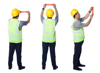 Asian Elderly man Engineer balance with bubble Level equipment isolated