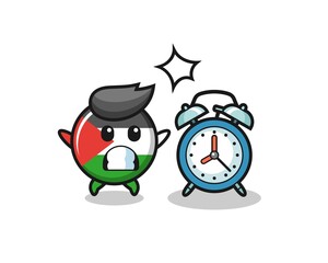 Cartoon Illustration of palestine flag badge is surprised with a giant alarm clock