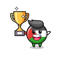 Cartoon Illustration of palestine flag badge is happy holding up the golden trophy