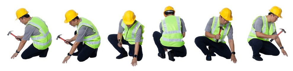 Asian Elderly man Engineer labor hit nail with Hammer isolated