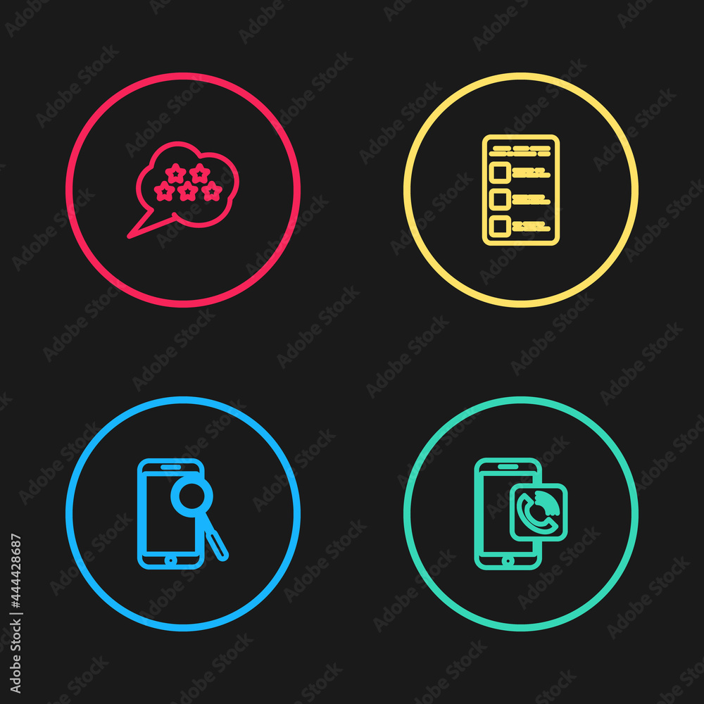Poster set line mobile phone diagnostics, call, create account screen mobile and five stars rating review i
