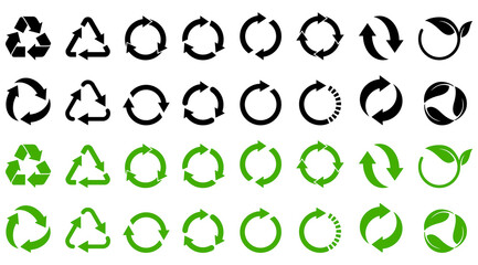 Recycle and ecology icons collection reuse refuse concept, recycled paper and industrial package marks vector illustration isolated on white background - obrazy, fototapety, plakaty