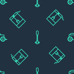 Set line Torch flame, Well with bucket and Wooden four-wheel cart on seamless pattern. Vector