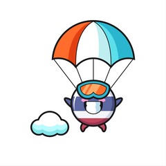 thailand flag badge mascot cartoon is skydiving with happy gesture