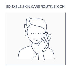Obraz premium Beauty procedure line icon. Man wipe face by special wiping cloth. Cosmetology. Skin care routine concept. Isolated vector illustration. Editable stroke