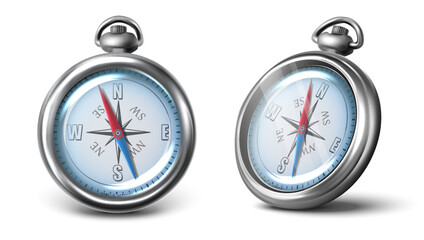 3D realistic vector compass icon in two view front and side. Isolated on white background. © Real Vector