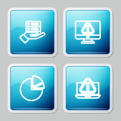 Set line Server, Data, Web Hosting, Monitor with exclamation mark, Pie chart infographic and Laptop icon. Vector
