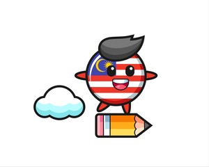 malaysia flag badge mascot illustration riding on a giant pencil