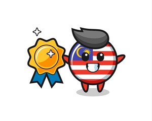 malaysia flag badge mascot illustration holding a golden badge