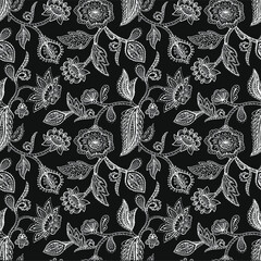 Vector seamless pattern with line drawn stylized leaves and flowers of exotic plants. Ethnic colorful doodle texture. Mehndi design.  Curved doodling background